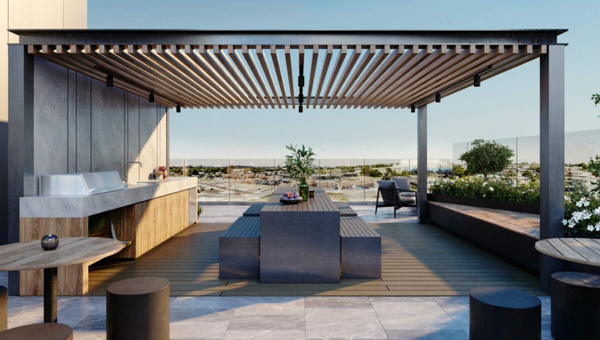 Roof Terrace Night Dining Area - Day - Elevation Northcote Apartments