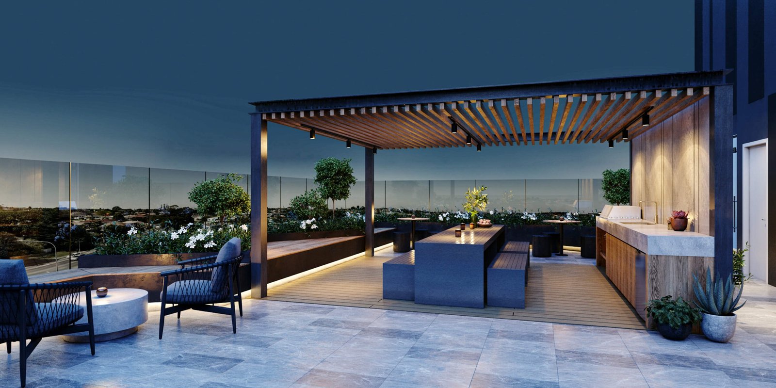 Roof Terrace Night Dining Area - Elevation Northcote Apartments