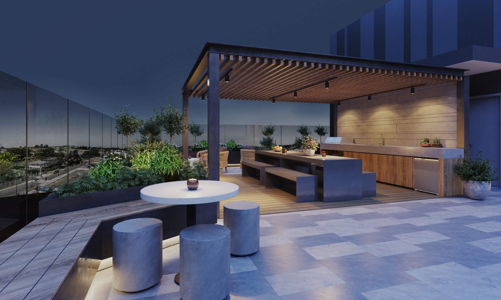 Roof Terrace Space - Night - Elevation Northcote Apartments