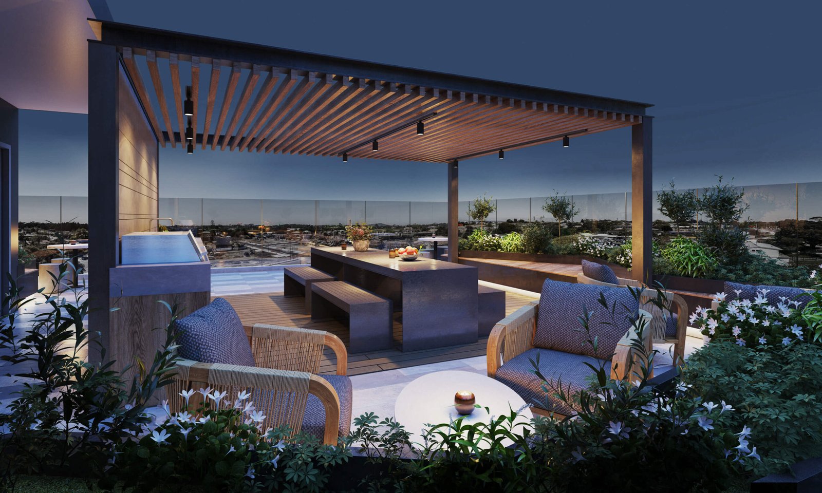 Roof Terrace Dining - Night - Elevation Northcote Apartments
