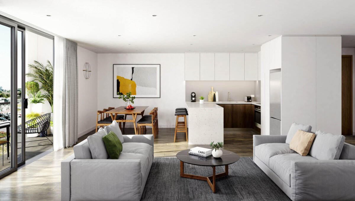 Living room, dining room, and kitchen - Elevation Northcote Apartments